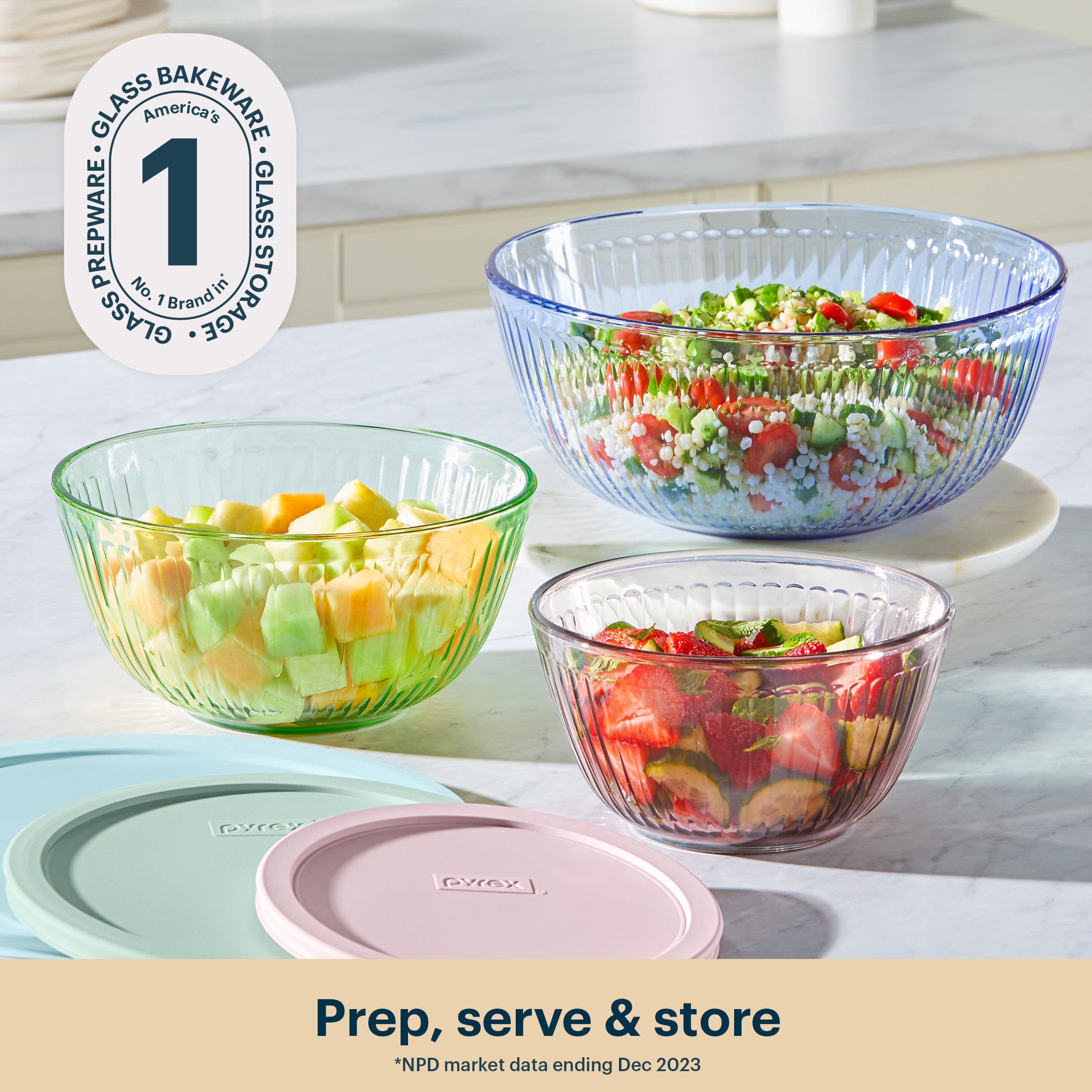 Pyrex® Sculpted Tinted Glass Mixing Bowls with Lids. 6-pc Set. Mixed Colors - Image 2