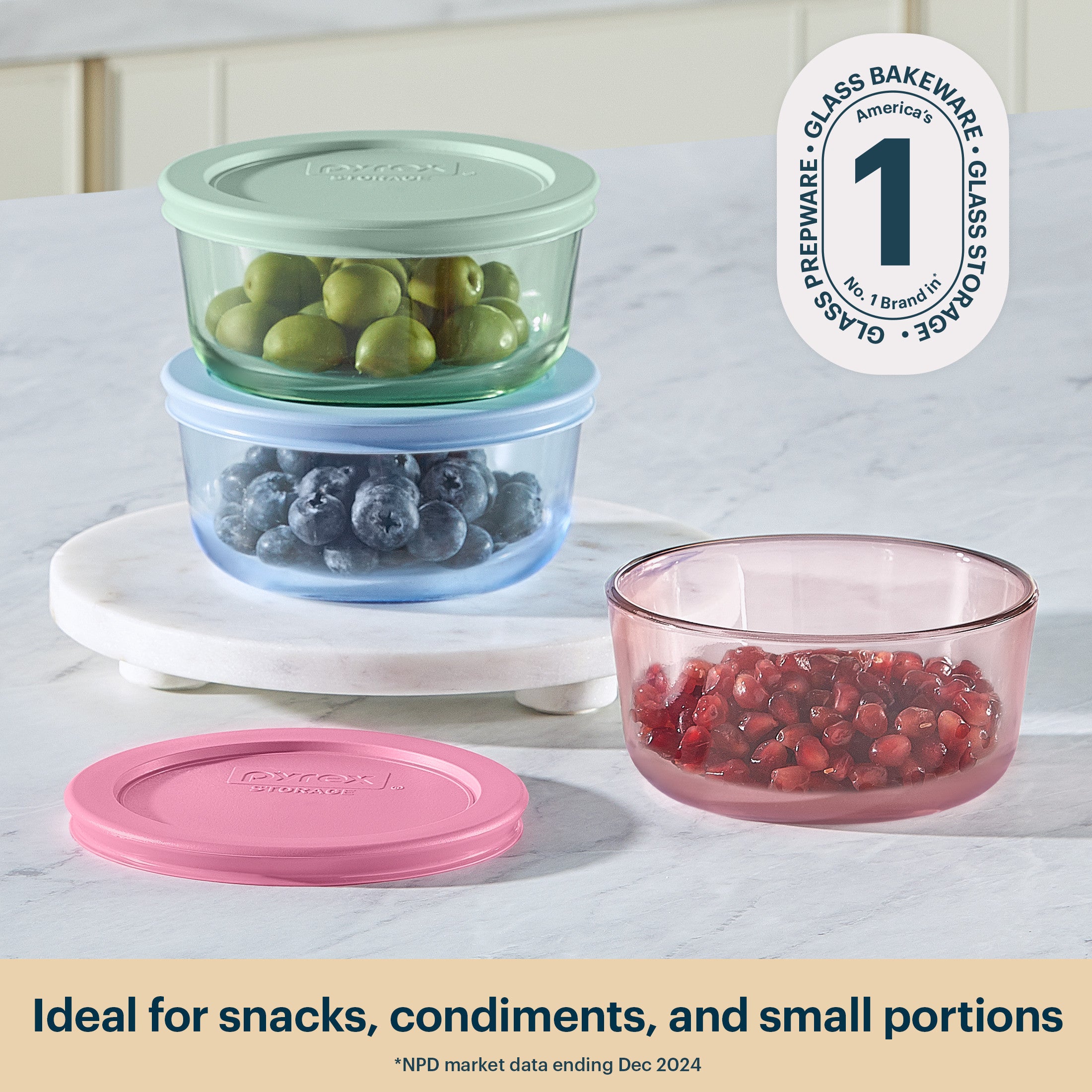 Pyrex® Simply Store® Tinted Glass 2-cup Round Storage Containers. 6-pc Set. Mixed Colors - Image 2