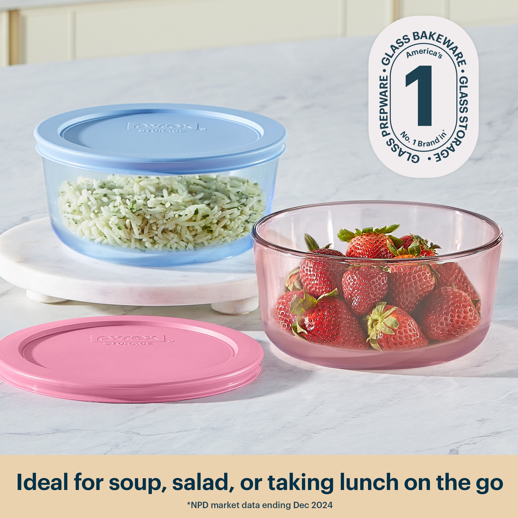 Pyrex® Simply Store® Tinted Glass 4-cup Round Storage Containers. 4-pc Set. Mixed Colors - Image 2