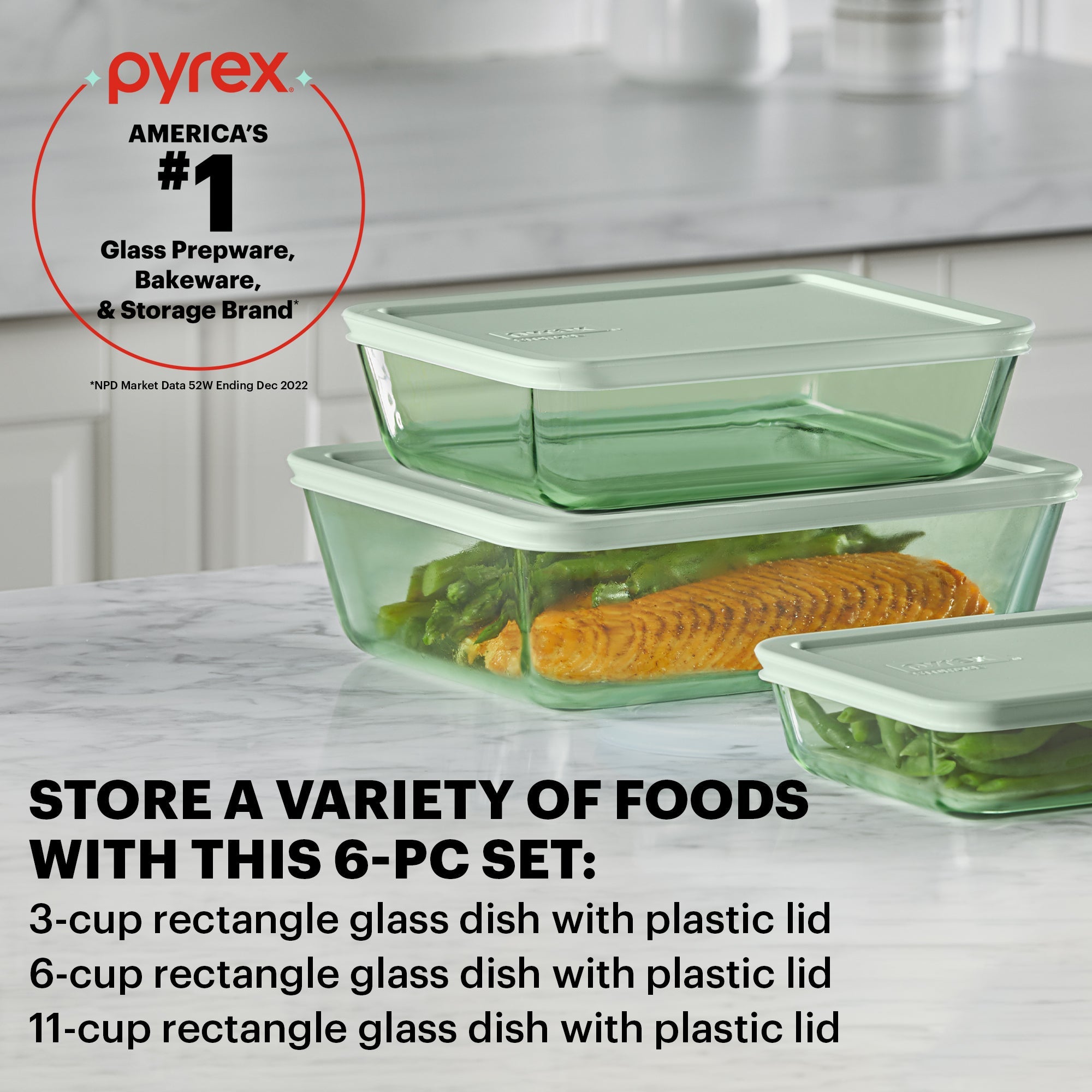 Pyrex® Simply Store® Tinted 6-piece Rectangle Storage Set with Plastic Lids. Green - Image 2